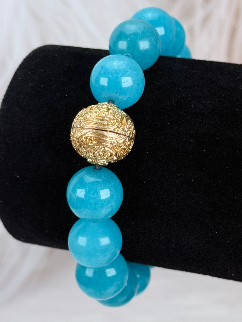 Bright Blue Stone and Goldtone Beaded Stretch Bracelet